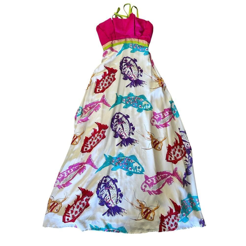 Handmade Silk Custom Women's Multicolor Fish Print Sleeveless Gown Dress